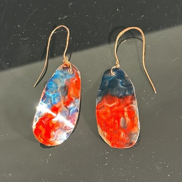 Festive Blue Red Copper Embossed Earrings Handmade Textured Painted Rustic Boho - Picture 2 of 11
